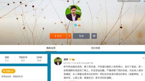 近期，中国大陆前国脚谢晖在私下酒桌聊天的视频被曝光。视频中，谢晖披露中国足球队乱象。结果，他因该酒后言论遭停职.。 
