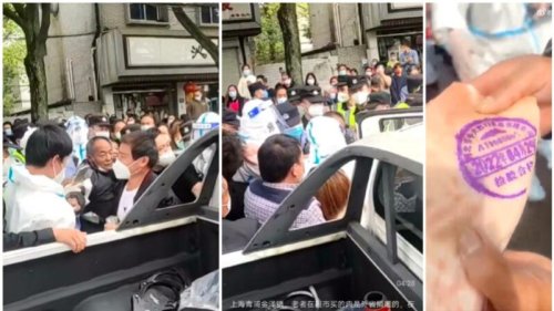 上海不断爆出捐赠物资被投入超市高价卖给老百姓的事件。上海青浦区金泽镇一名老人在买到捐赠物资后当众展示，被警方带走，周围的民众群起抵制警方抓人，引爆冲突。