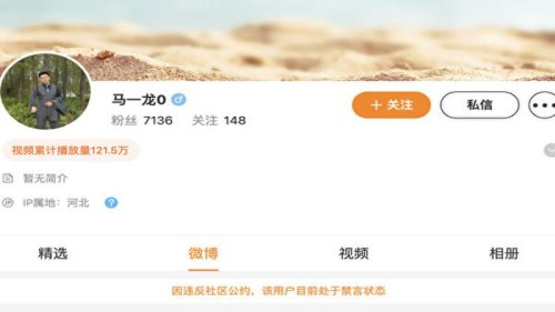被称为“中国版马斯克”的“马一龙”微博账号被禁言。此前其发布的多条效仿马斯克的视频，目前多数已被删除。